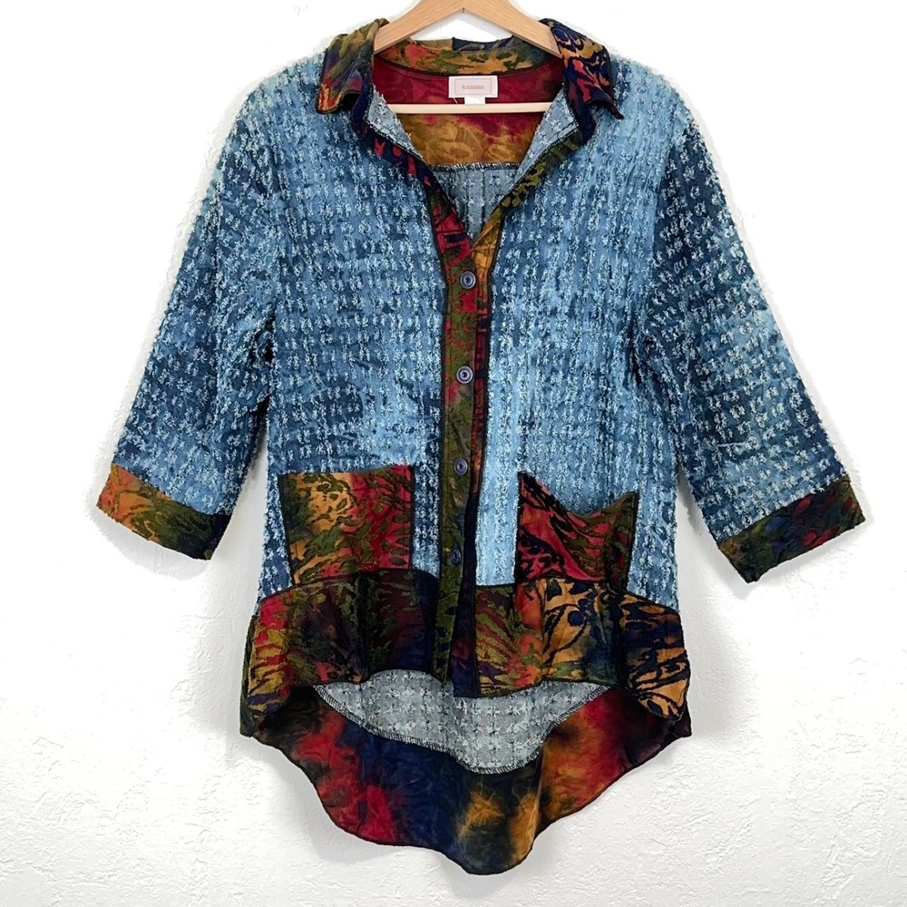 Womens Artsy Boho Lagenlook Top Size Small Oversized Mixed Media Multicolor